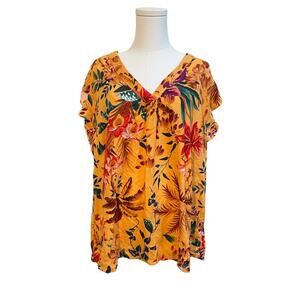 Rachel Roy Womens Top Blouse Size 2X Boho Floral Tropical‎ Linen NWT